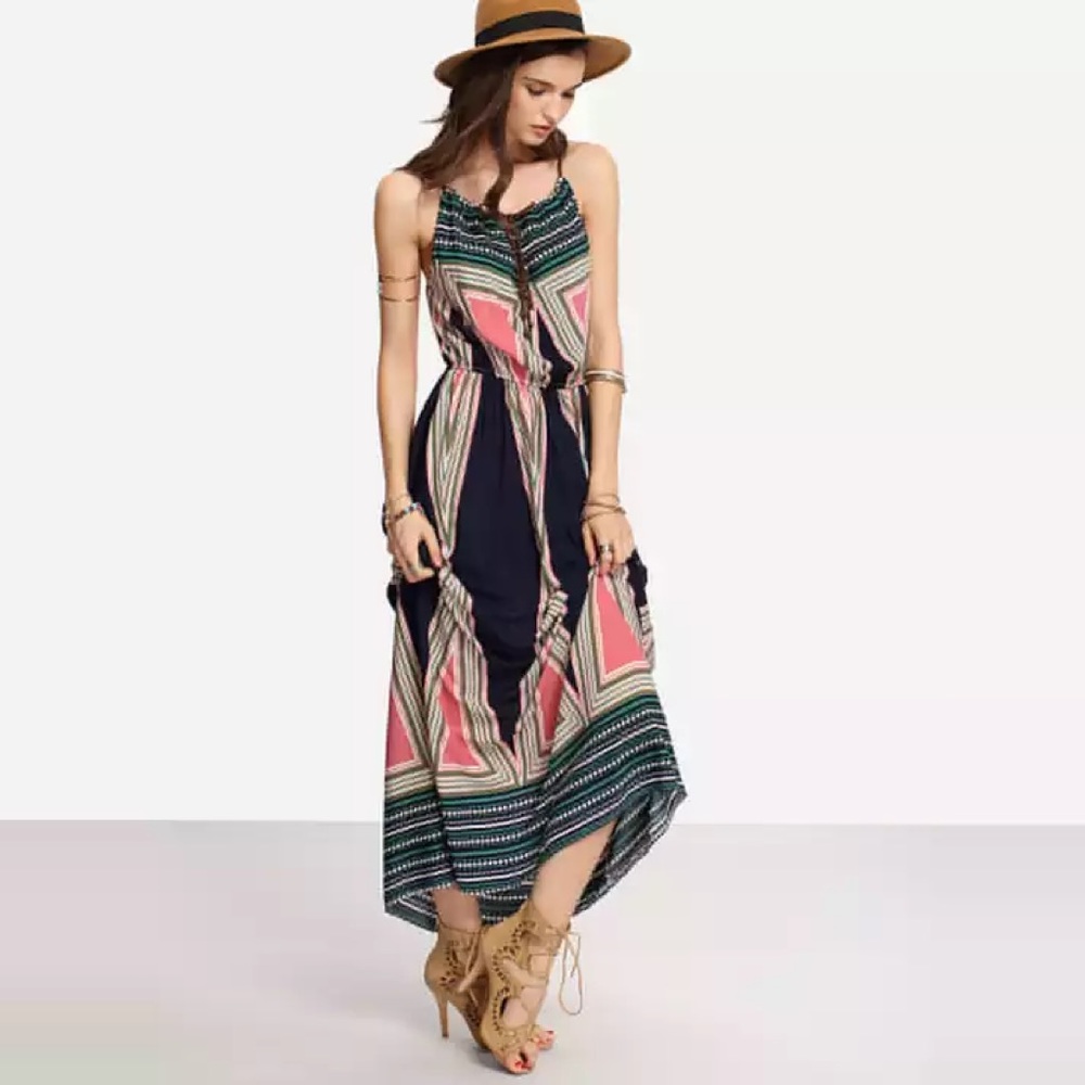 Bold Geometric Print High Neck Tie Front Keyhole Maxi Dress - Picture 2 of 5
